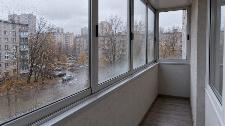 Конденсат на стекле холодного раздвижного остекления балкона осенью